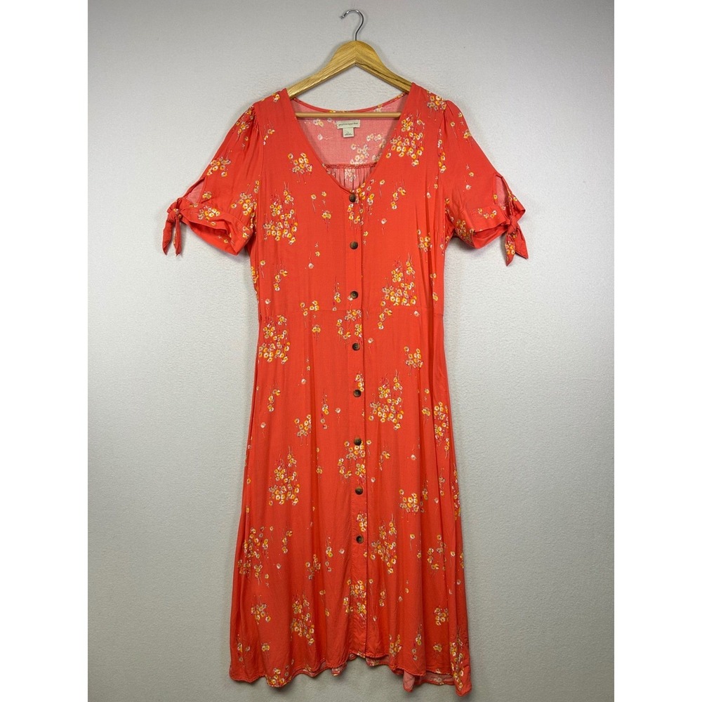 Cottagecore Boho Peyton & Parker Womens LG Coral‎ Floral Button Front Midi Dress